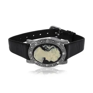 1928 Jewelry Black Diamond Crystal Cameo Crocodile Print Leather Belt Bracelet 1928 Jewelry
