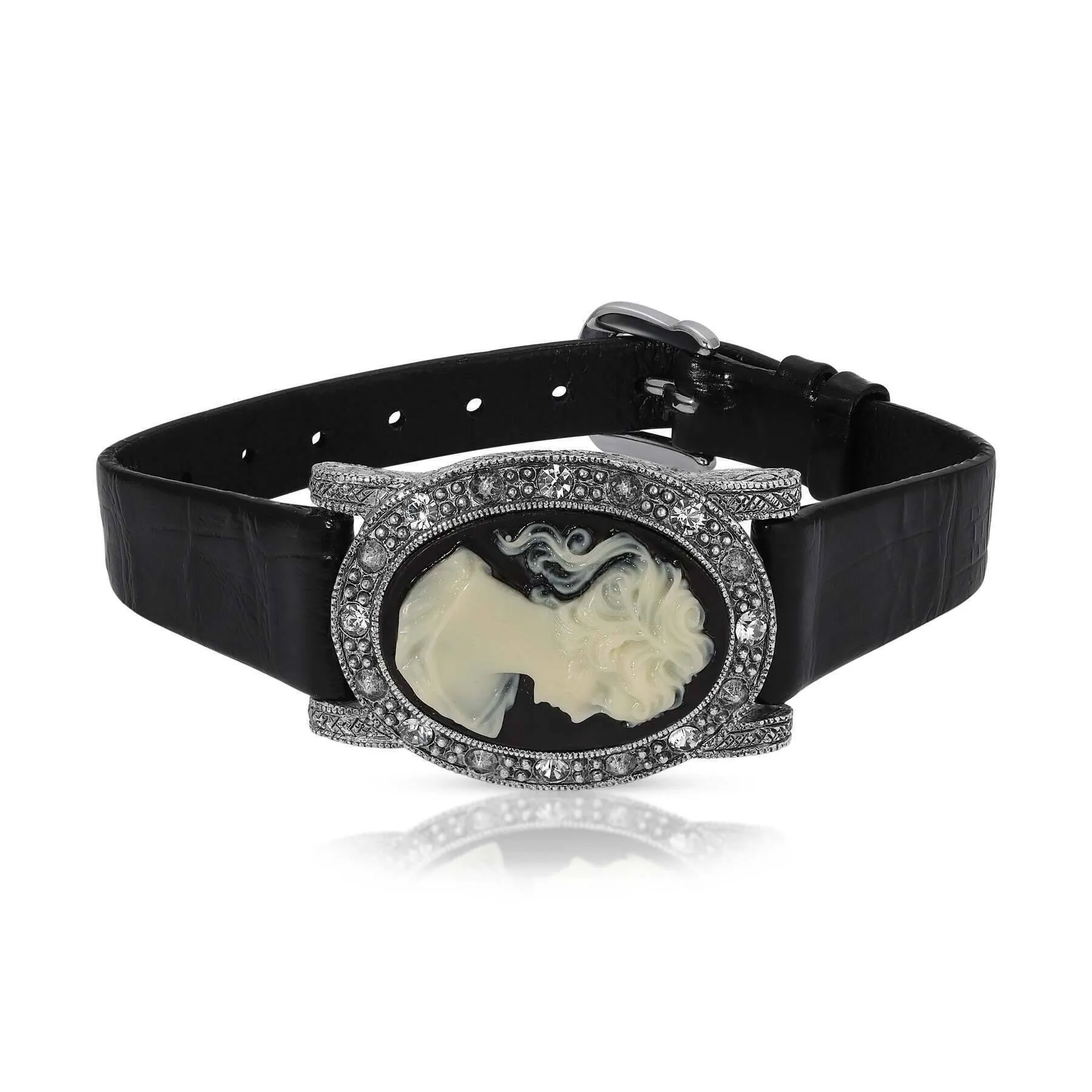 1928 Jewelry Black Diamond Crystal Cameo Crocodile Print Leather Belt Bracelet 1928 Jewelry