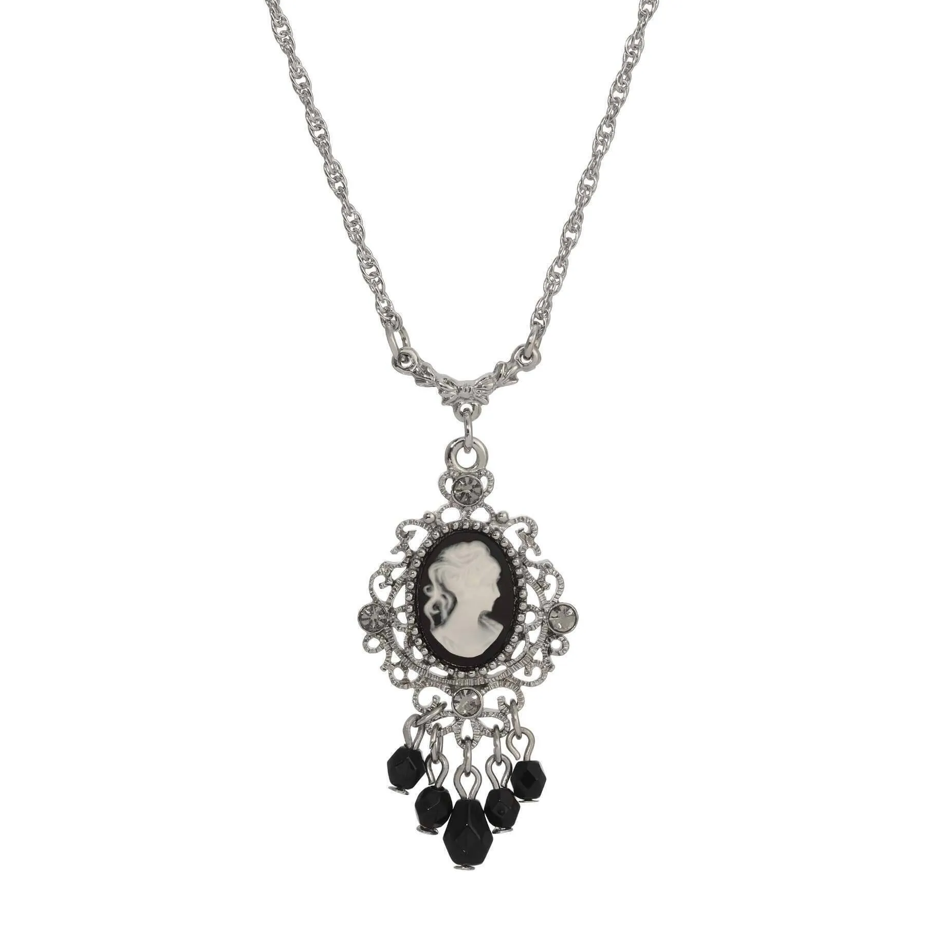 1928 Jewelry Black Diamond Crystal Cameo Drop Necklace 16"   3" Extension 1928 Jewelry