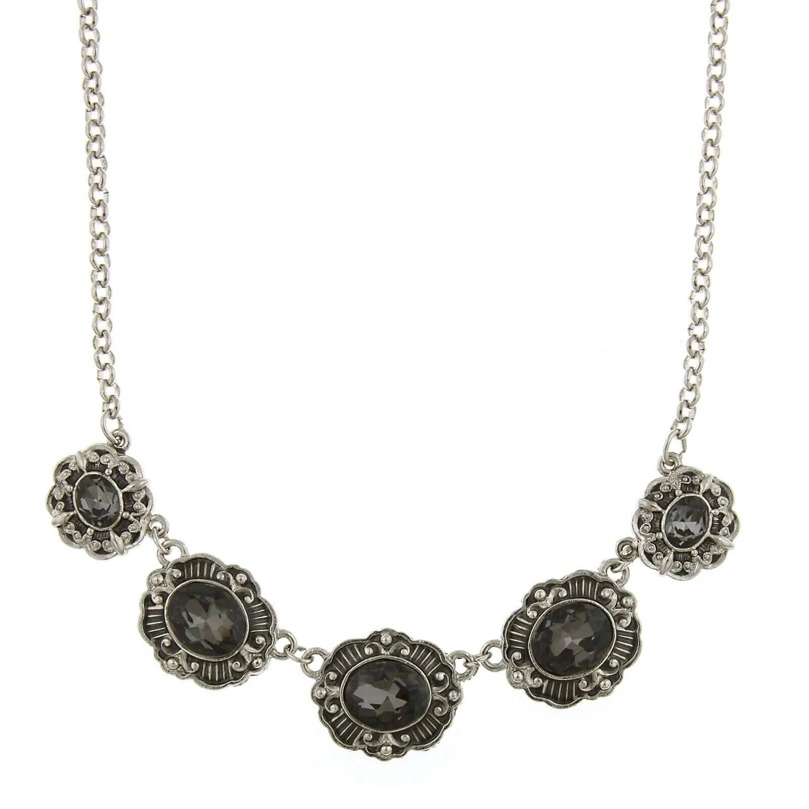 1928 Jewelry Black Diamond Crystal Oval Station Pendant Necklace 16"   3" Extender 1928 Jewelry