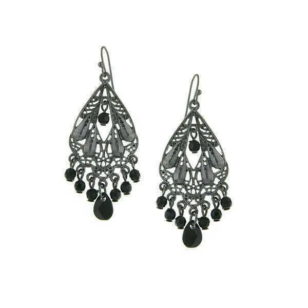 1928 Jewelry Black Faceted Bead Filigree Chandelier Earrings 1928 Jewelry