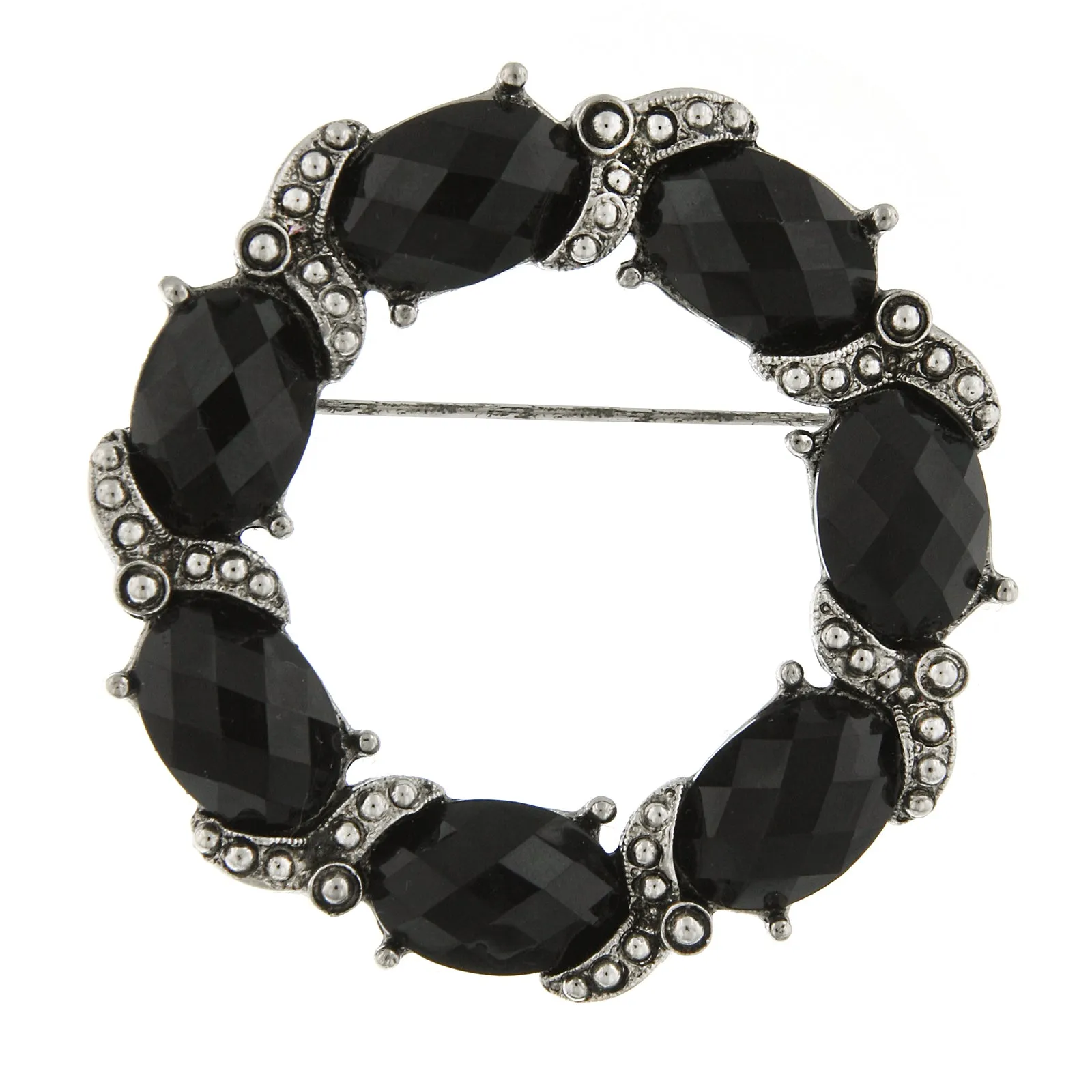 1928 Jewelry Black Faceted Stone Wreath Pin 1928 Jewelry