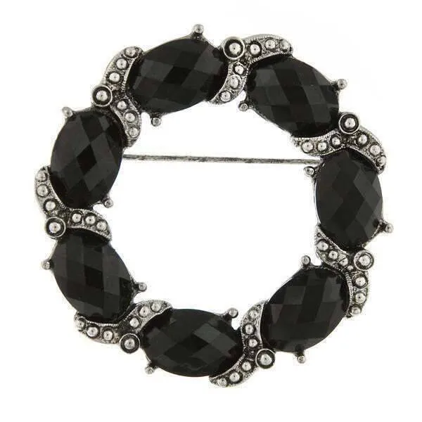 1928 Jewelry Black Faceted Stone Wreath Pin 1928 Jewelry