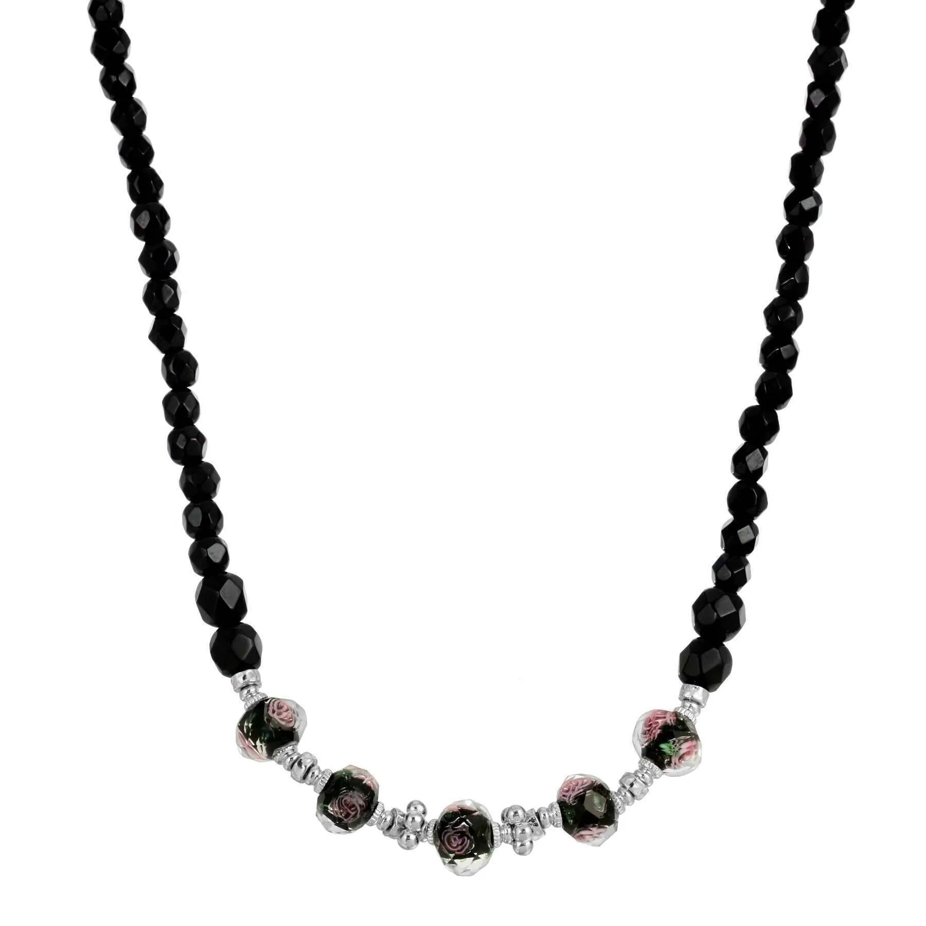 1928 Jewelry Black Floral Beaded Necklace 15"   3" Extender 1928 Jewelry