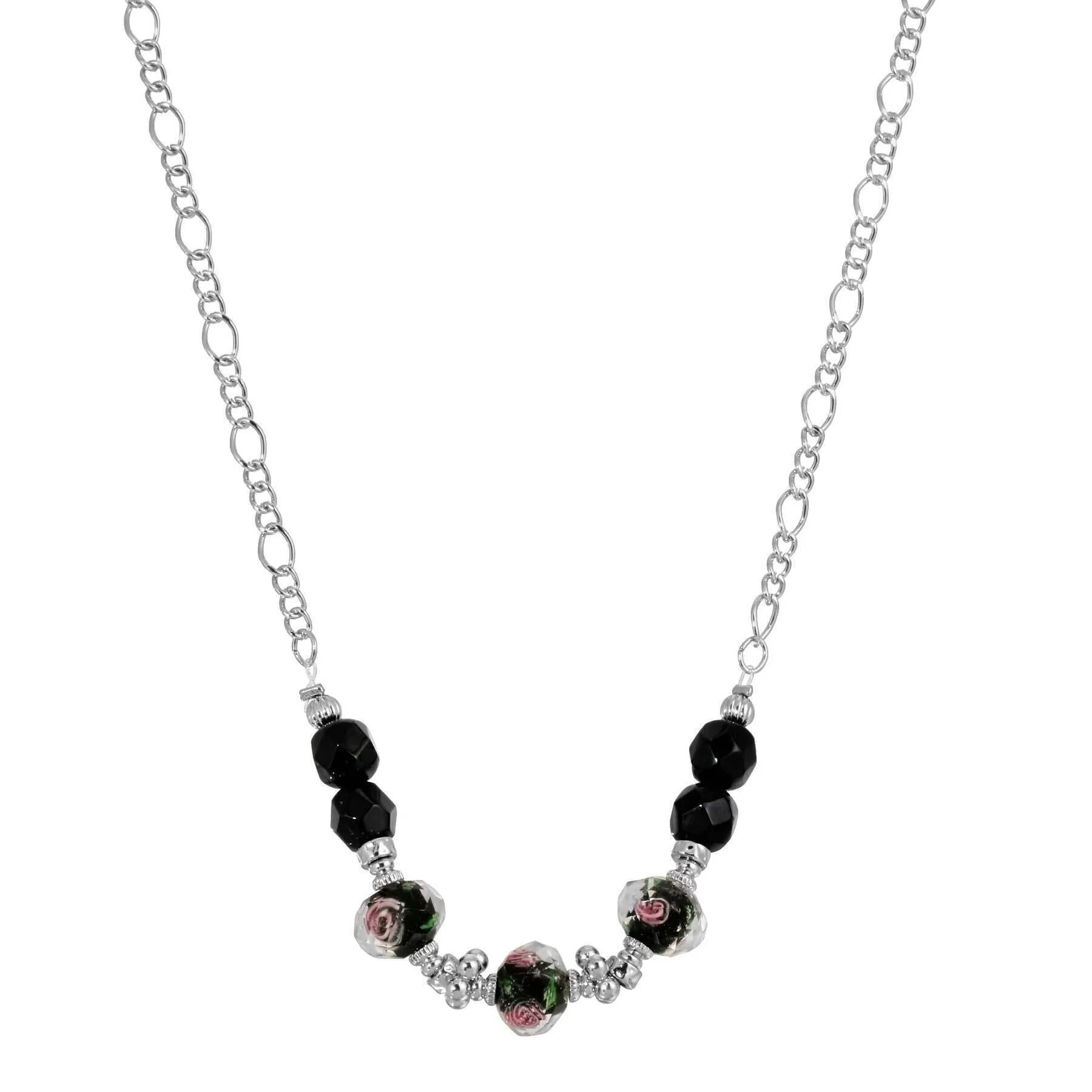 1928 Jewelry Black Floral Beaded Necklace 16" 1928 Jewelry