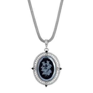 1928 Jewelry Black Intaglio Floral Stone Black & Clear Crystal Pendant Necklace 25" 1928 Jewelry