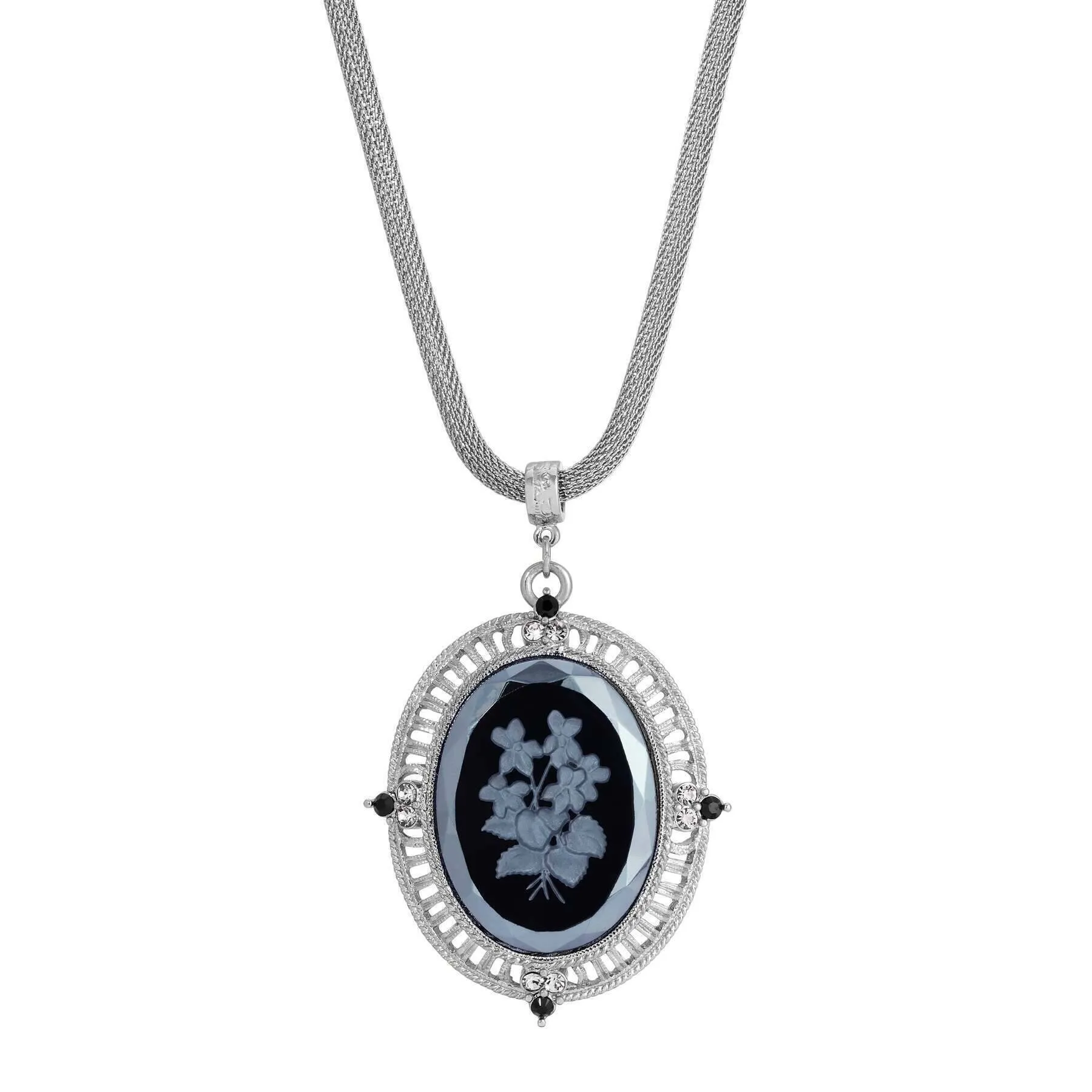 1928 Jewelry Black Intaglio Floral Stone Black & Clear Crystal Pendant Necklace 25" 1928 Jewelry