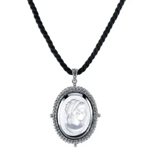 1928 Jewelry Black Rayon Twisted Cord Hematite Frost Cameo Pendant Necklace 16"   3" Extender 1928 Jewelry