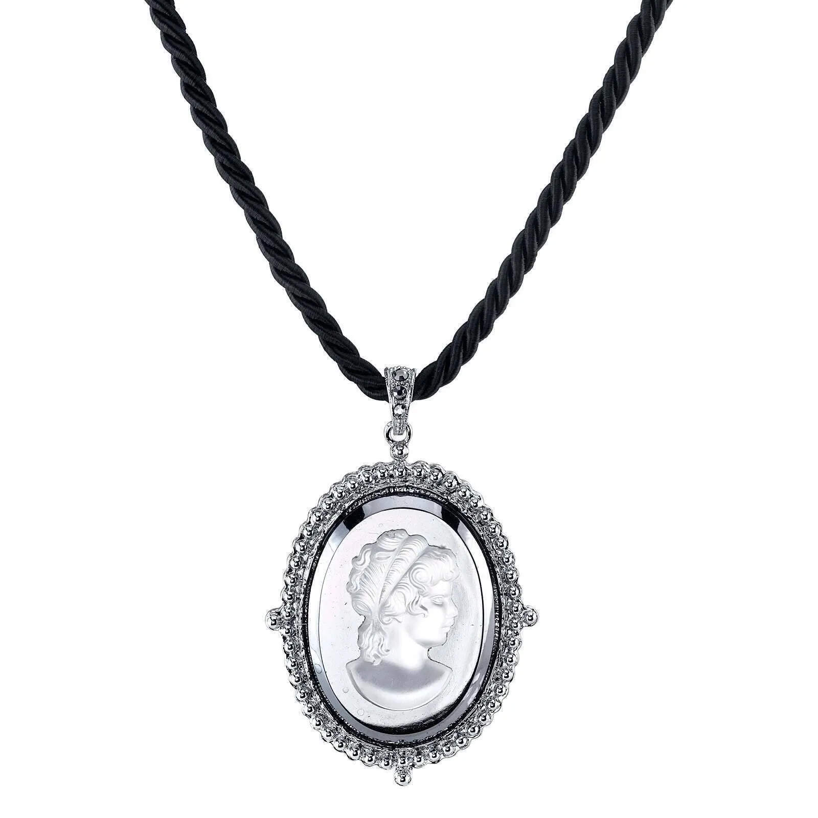 1928 Jewelry Black Rayon Twisted Cord Hematite Frost Cameo Pendant Necklace 16"   3" Extender 1928 Jewelry