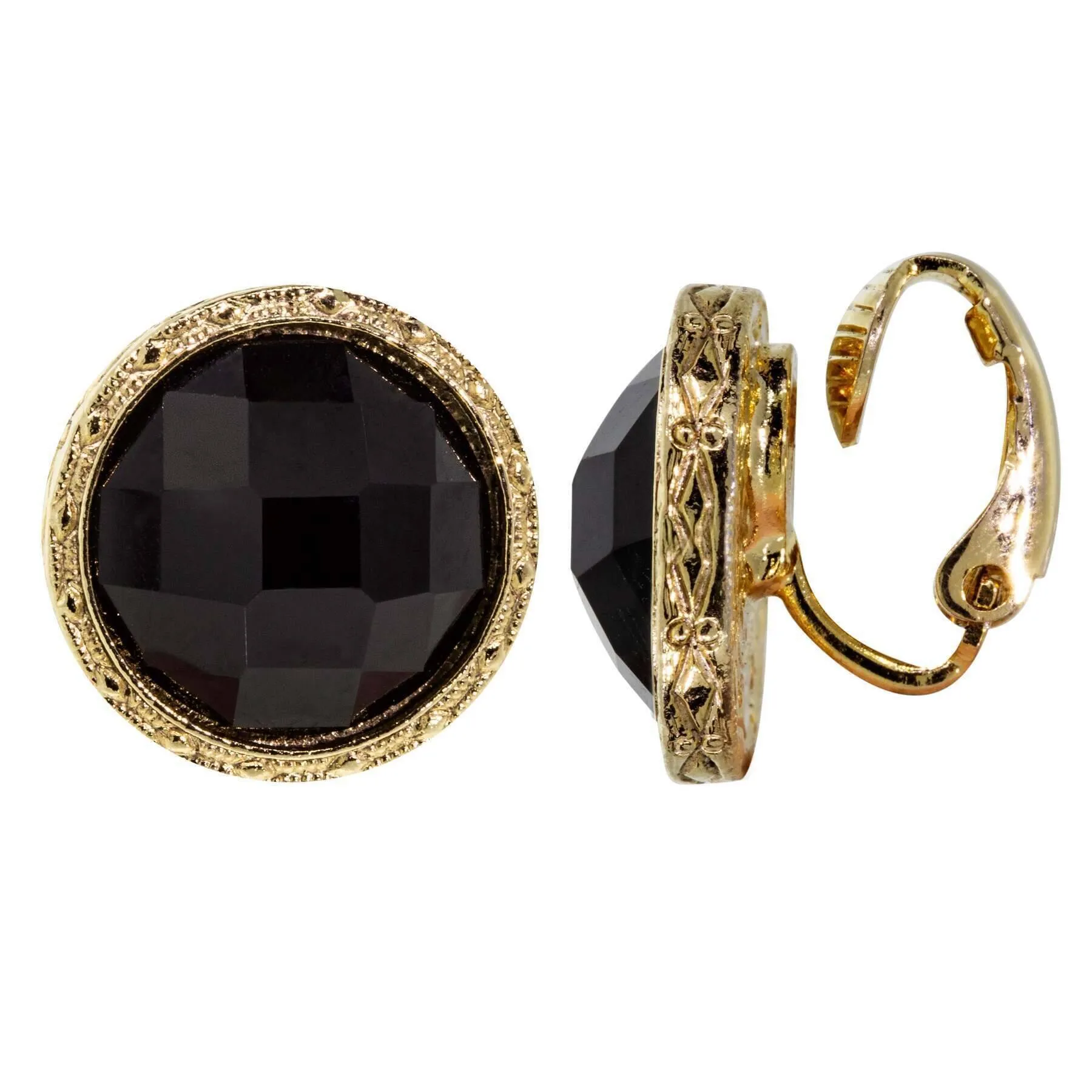 1928 Jewelry Black Round Faceted Stone Button Clip On Earrings 1928 Jewelry