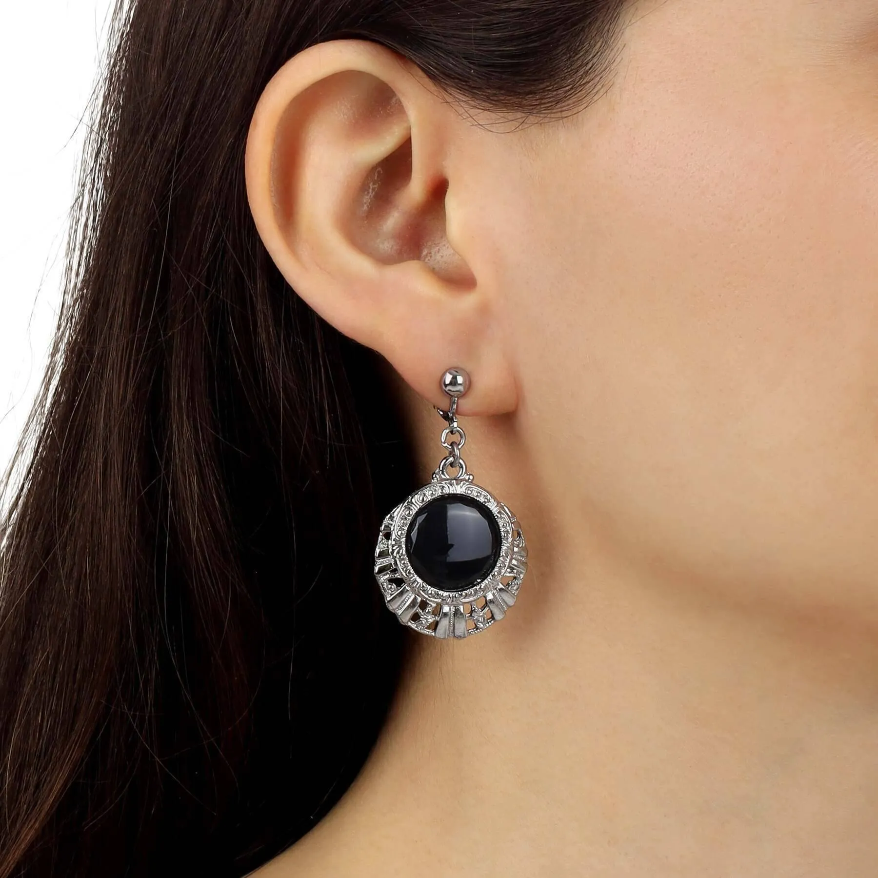 1928 Jewelry Black Round Stone Textured Clip On Earrings 1928 Jewelry