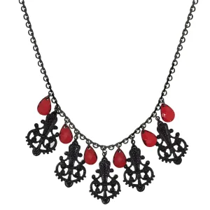 1928 Jewelry Black Royal Filigree Ornamental Red Briolette Drop Necklace 16"   3" Extender 1928 Jewelry