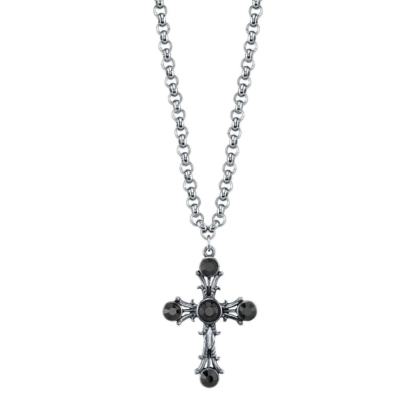 1928 Jewelry Black Stone Cross Pendant Necklace 16"   3" Extender 1928 Jewelry