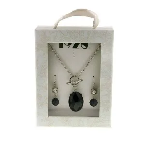 1928 Jewelry Black Stone Earrings & Pendant Necklace Set 16"   3" Extender 1928 Jewelry