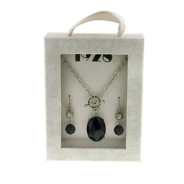 1928 Jewelry Black Stone Earrings & Pendant Necklace Set 16"   3" Extender 1928 Jewelry