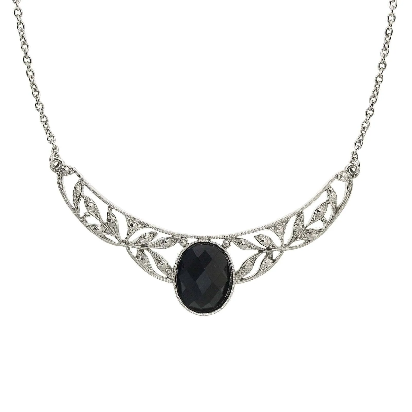 1928 Jewelry Black Stone Marcasite-Look Collar Necklace 16"   3" Extender 1928 Jewelry