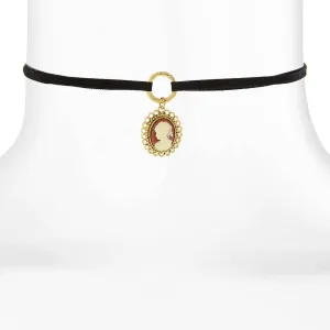 1928 Jewelry Black Suede Choker Oval Carnelian Cameo Drop Pendant Necklace 12"   5" Extender 1928 Jewelry
