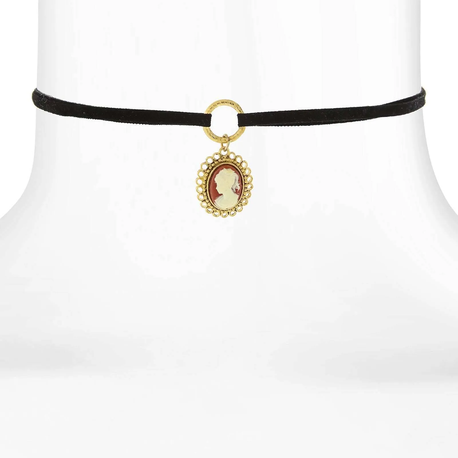 1928 Jewelry Black Suede Choker Oval Carnelian Cameo Drop Pendant Necklace 12"   5" Extender 1928 Jewelry