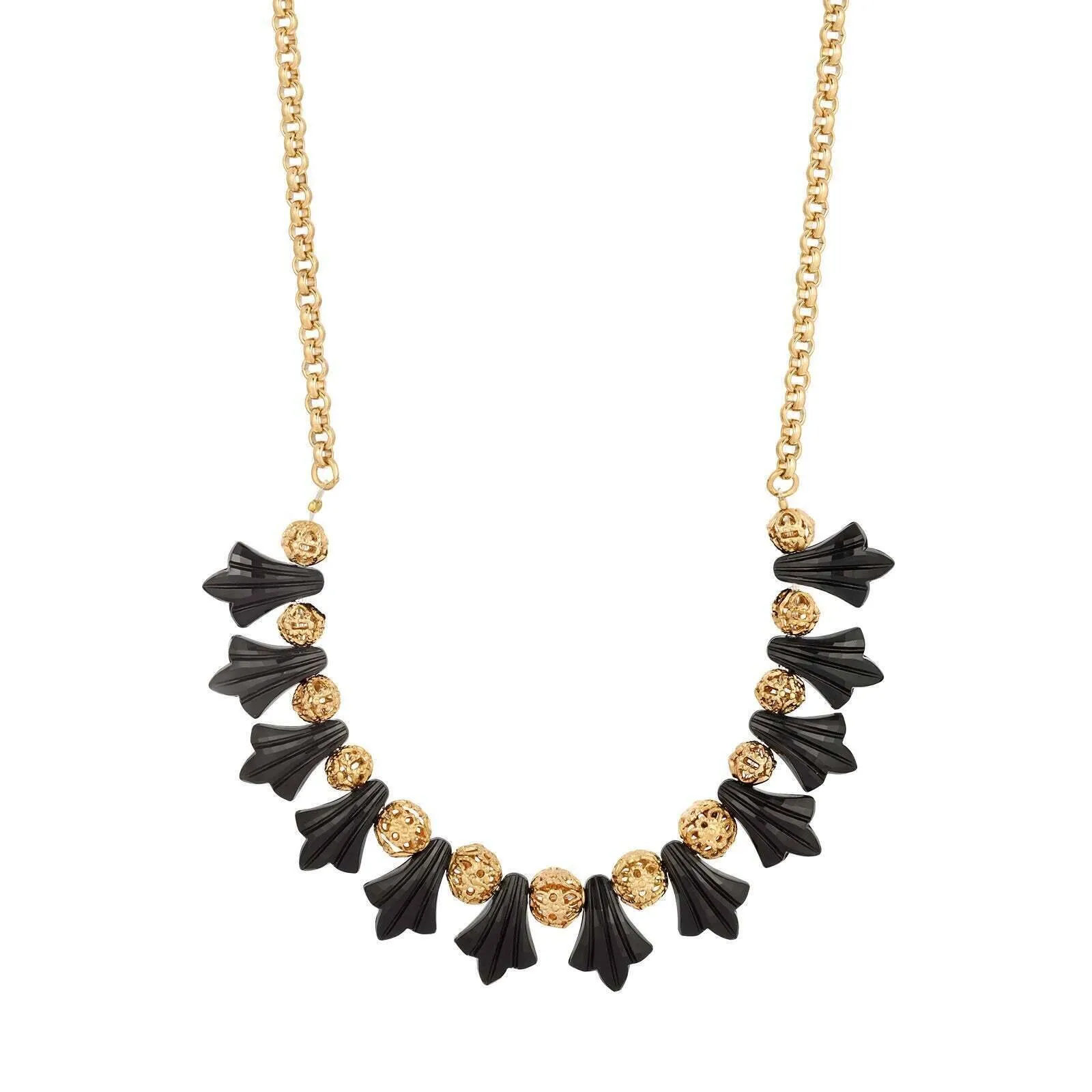 1928 Jewelry Black Tulip Flower Filigree Puff Bead Necklace 16"   3" Extender 1928 Jewelry