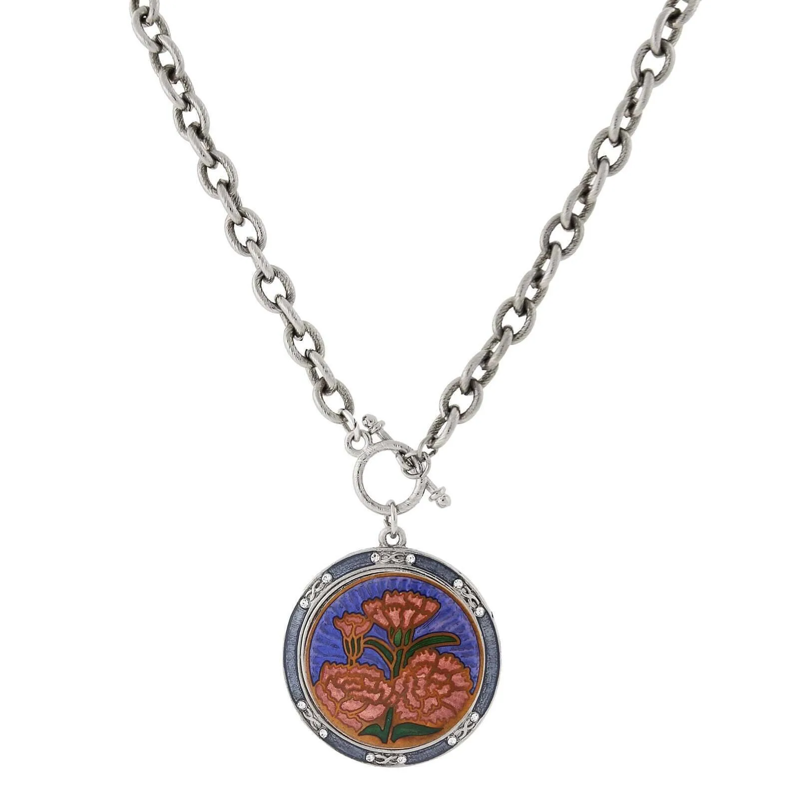 1928 Jewelry Blue and Orange Floral Enamel Medallion Toggle Pendant Necklace 20 1928 Jewelry