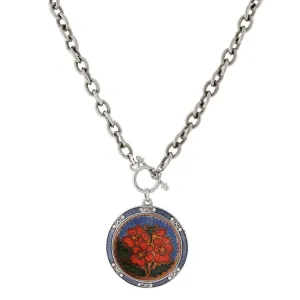 1928 Jewelry Blue And Orange Floral Enamel Medallion Toggle Pendant Necklace 20" 1928 Jewelry