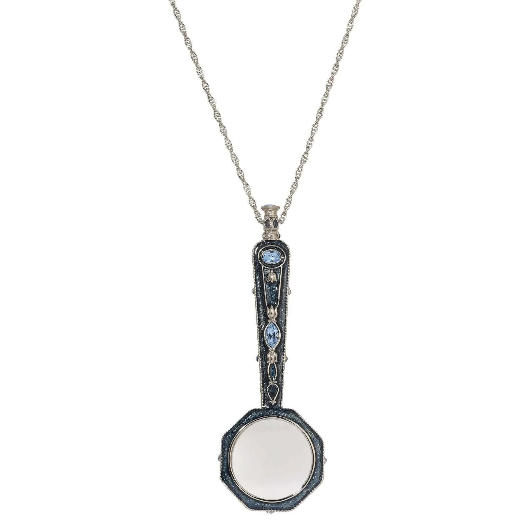 1928 Jewelry Blue Crystal & Enamel Octagon Magnifying Glass Pendant Necklace 30" - Magnification Power: 1-2X 1928 Jewelry