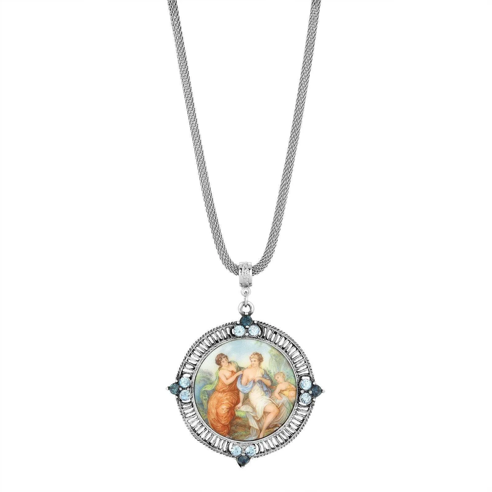 1928 Jewelry Blue Crystal Rubenesque Glass Pendant Mesh Necklace 25" 1928 Jewelry