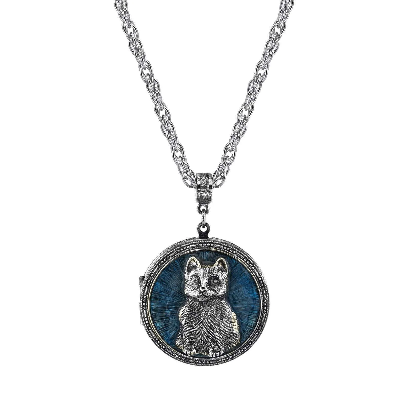 1928 Jewelry Blue Enamel Cat Locket Necklace 30" 1928 Jewelry