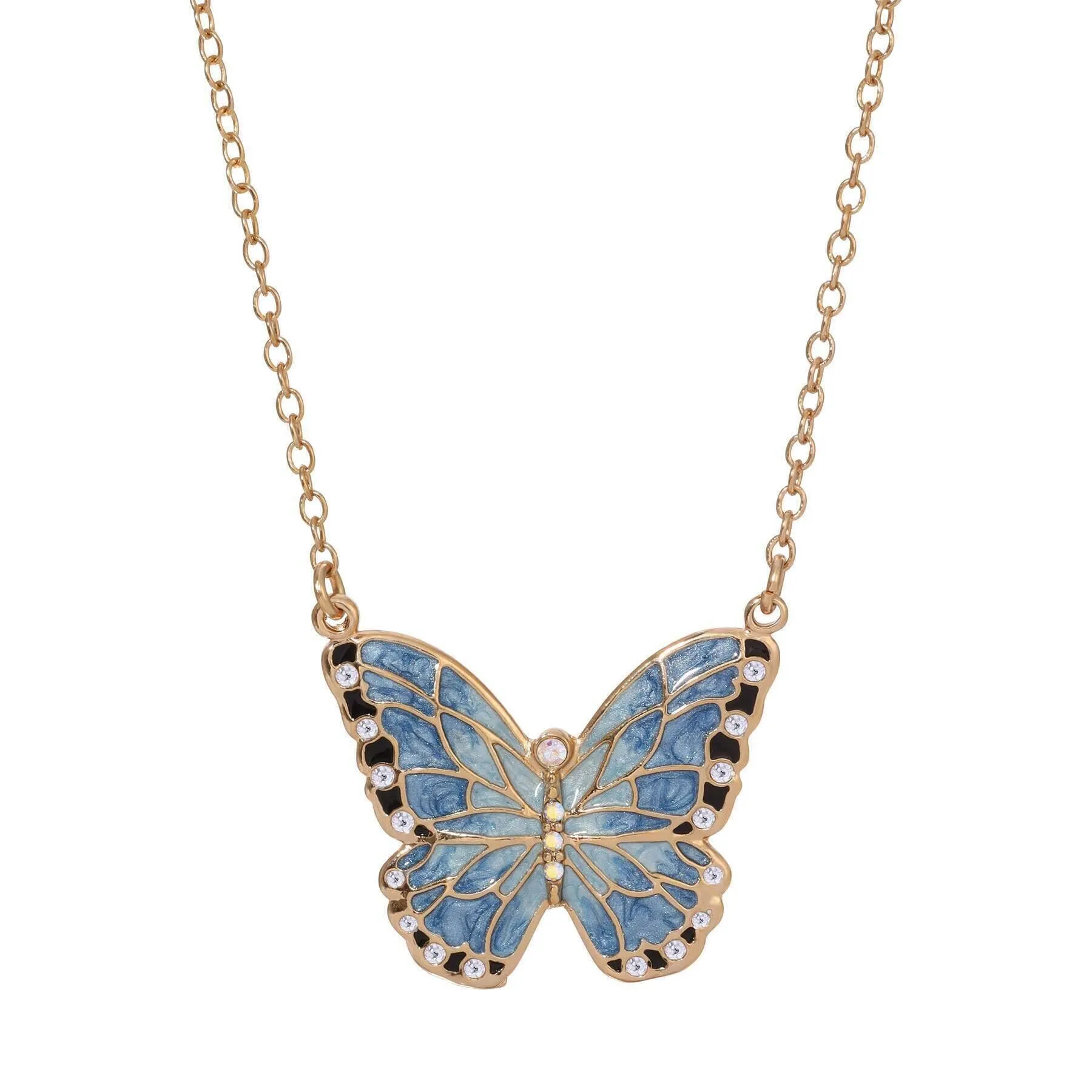 1928 Jewelry Blue Enamel Crystal Butterfly Pendant Necklace 18"   3" Extender 1928 Jewelry