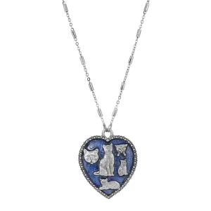 1928 Jewelry Blue Enamel Heart Clowder Of Cats Pendant Necklace 28"L 1928 Jewelry