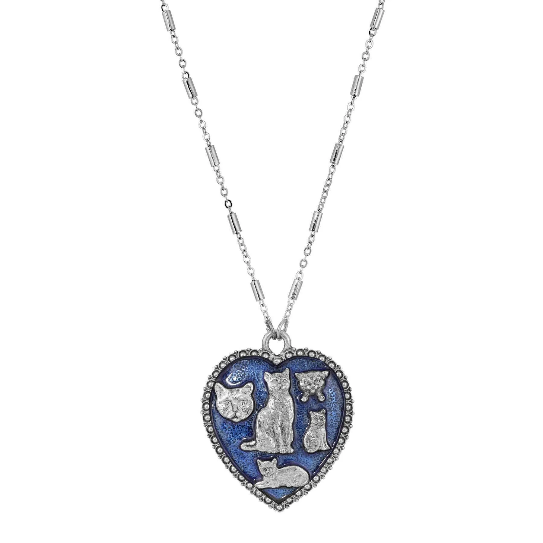 1928 Jewelry Blue Enamel Heart Clowder Of Cats Pendant Necklace 28"L 1928 Jewelry
