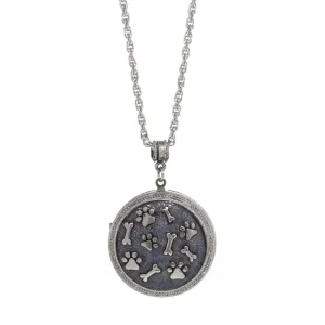 1928 Jewelry Blue Enamel Round Paws And Bones Locket Necklace 28" 1928 Jewelry