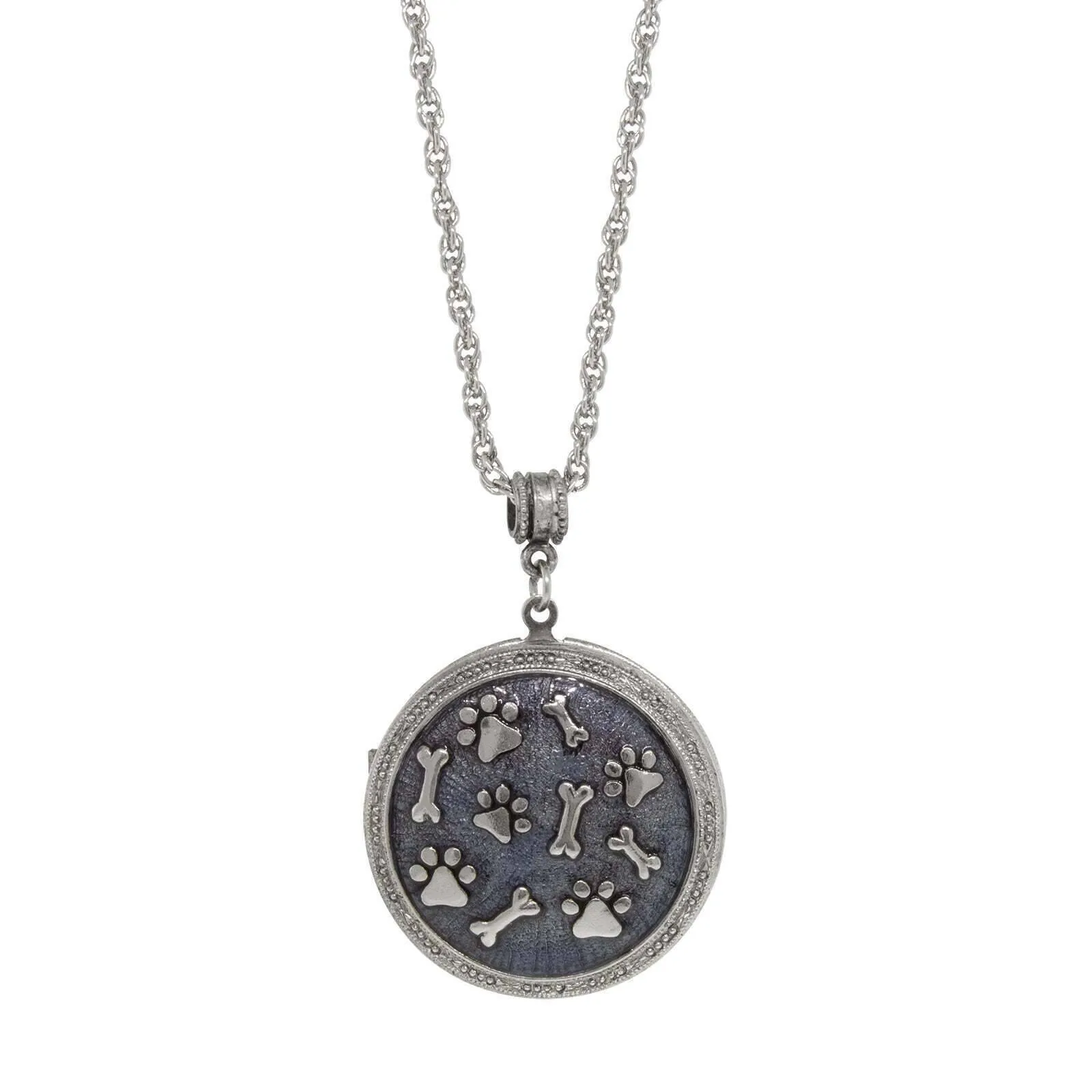 1928 Jewelry Blue Enamel Round Paws And Bones Locket Necklace 28" 1928 Jewelry