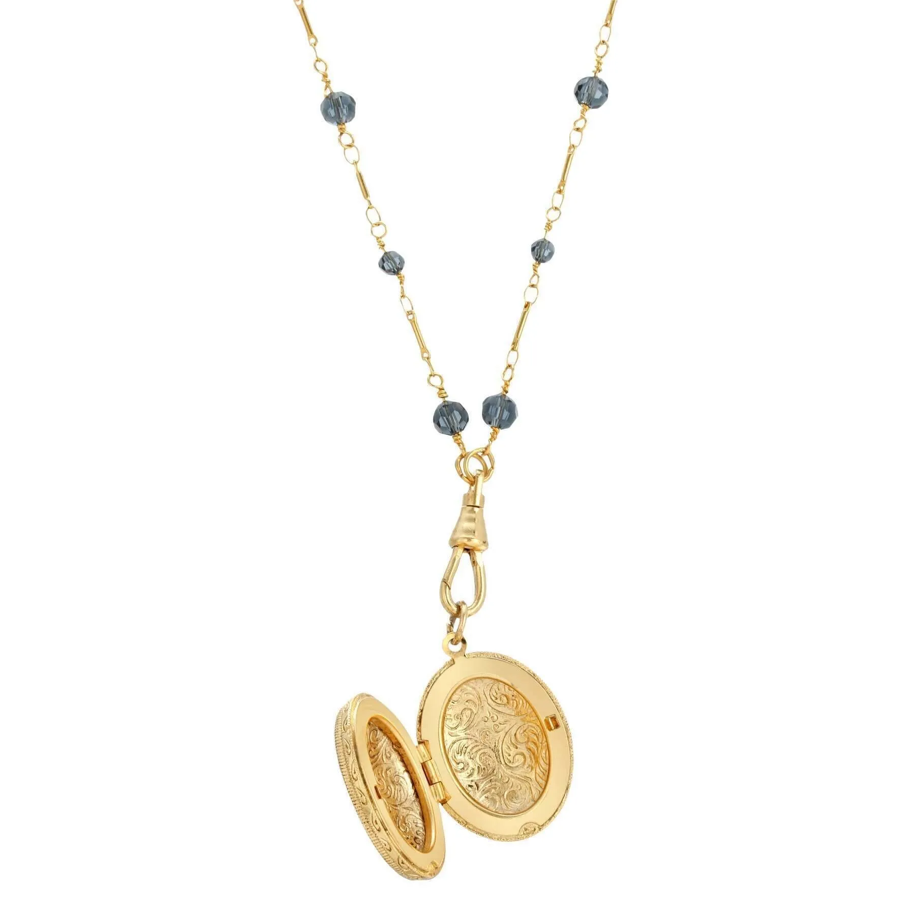 1928 Jewelry Blue Montana Glass Beaded Double Side Oval Floral Locket Necklace 30" 1928 Jewelry