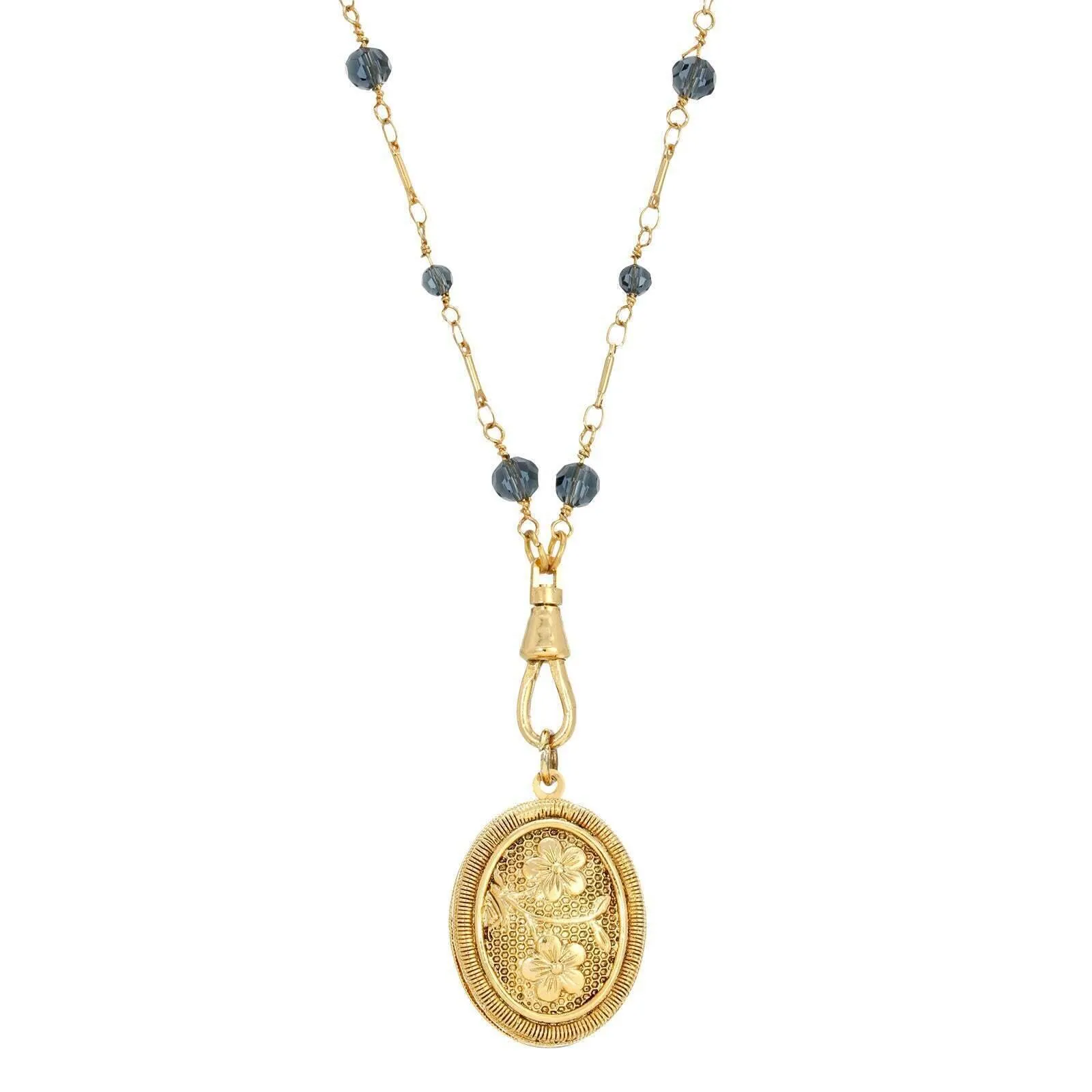 1928 Jewelry Blue Montana Glass Beaded Double Side Oval Floral Locket Necklace 30" 1928 Jewelry