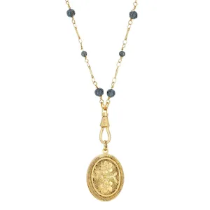 1928 Jewelry Blue Montana Glass Beaded Double Side Oval Floral Locket Necklace 30" 1928 Jewelry
