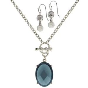 1928 Jewelry Blue Oceanic Crystal Toggle Necklace & Classic Pearl and Filigree Earring Set 1928 Jewelry