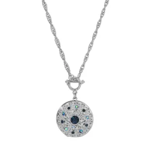 1928 Jewelry Blue Sapphire Crystal Burst Photo Toggle Locket Necklace 28" 1928 Jewelry