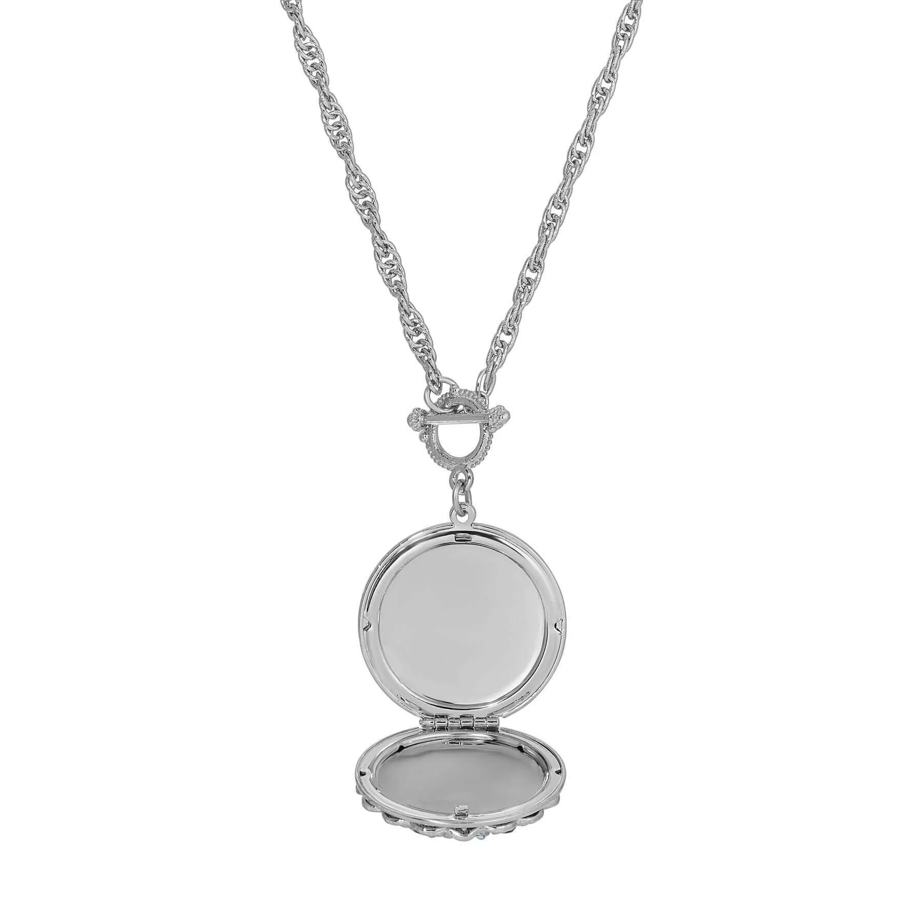 1928 Jewelry Blue Sapphire Crystal Burst Photo Toggle Locket Necklace 28" 1928 Jewelry