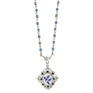 1928 Jewelry Blue Willow Blue Beaded Chain Oval Drop Pendant Necklace 16"   3" Extender 1928 Jewelry