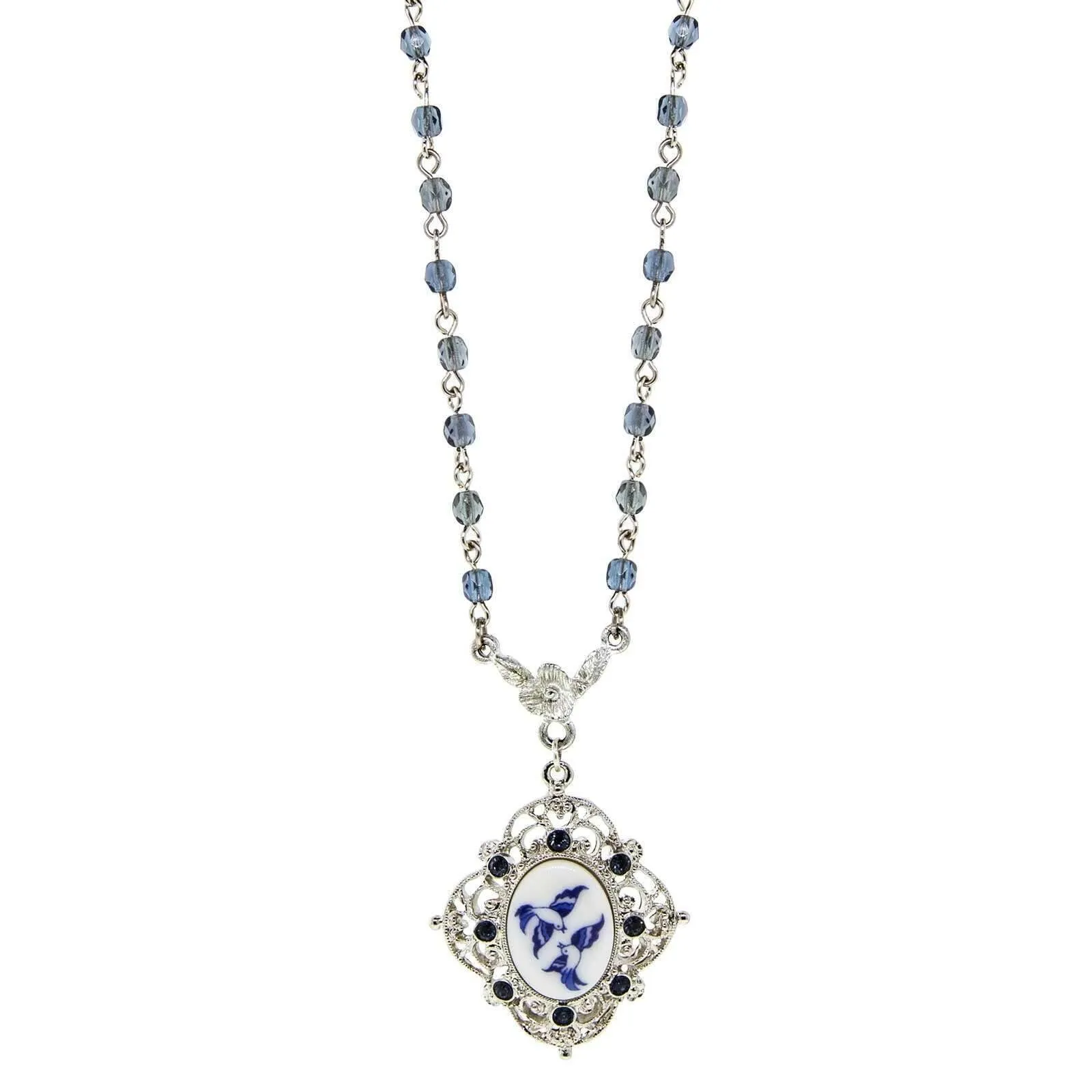 1928 Jewelry Blue Willow Blue Beaded Chain Oval Drop Pendant Necklace 16"   3" Extender 1928 Jewelry