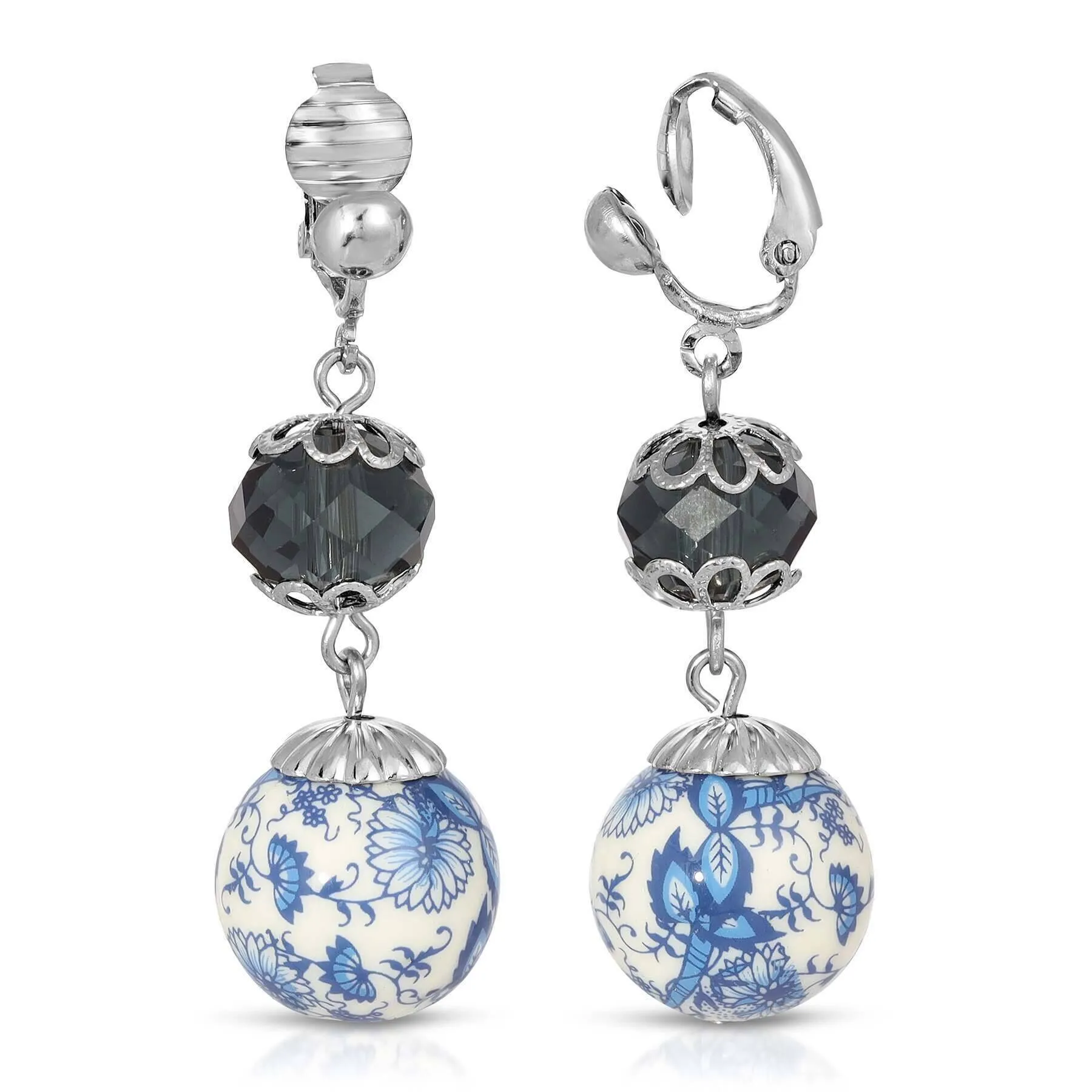 1928 Jewelry Blue Willow Dark Blue And Beaded Drop Clip On Earrings 1928 Jewelry
