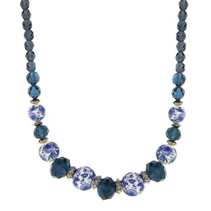 1928 Jewelry Blue Willow Dark Blue And Beaded Necklace 15.5"   3" Extension 1928 Jewelry