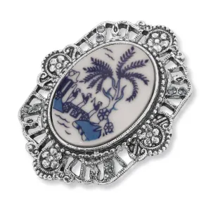 1928 Jewelry Blue Willow Light Sapphire Crystal Oval Flower Brooch Pin 1928 Jewelry
