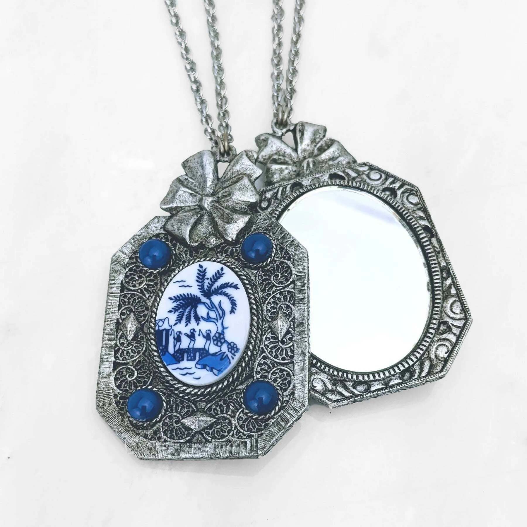 1928 Jewelry Blue Willow Octagon Pendant Mirror Necklace 30" 1928 Jewelry