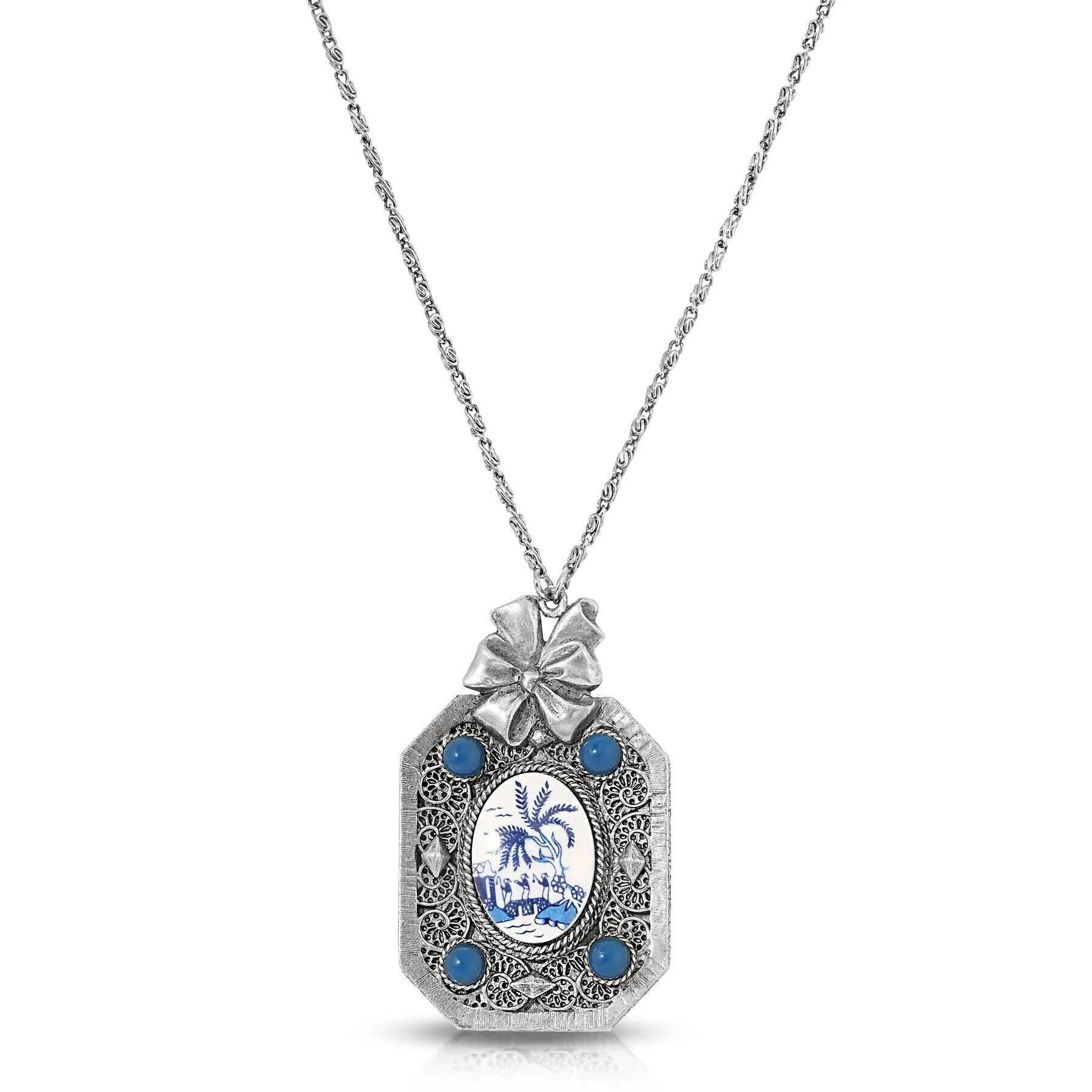 1928 Jewelry Blue Willow Octagon Pendant Mirror Necklace 30" 1928 Jewelry