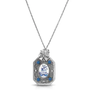1928 Jewelry Blue Willow Octagon Pendant Mirror Necklace 30" 1928 Jewelry