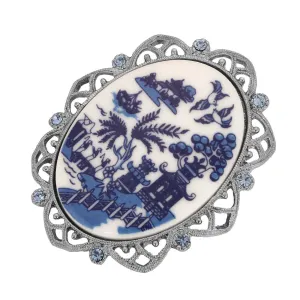 1928 Jewelry Blue Willow Pagoda Light Sapphire Crystal Oval Brooch Pin 1928 Jewelry