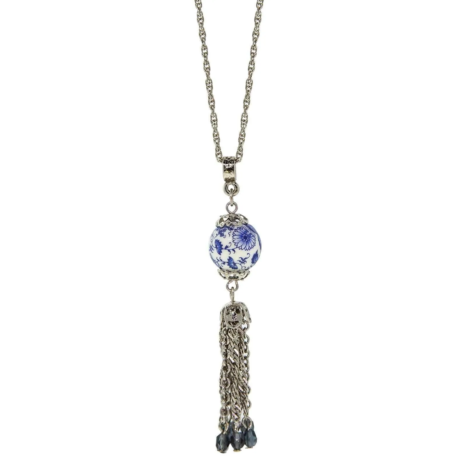 1928 Jewelry Blue Willow Round Bead With Tassel Drop Necklace 16"   3" Extender 1928 Jewelry