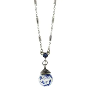 1928 Jewelry Blue Willow Round Beaded Crystal Accent Drop Pendant Necklace 16"   3" Extender 1928 Jewelry